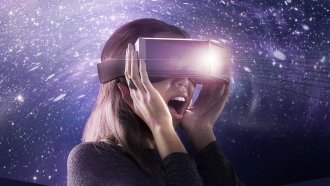 A woman uses a VR headset
