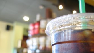 A close up view of iced coffee.