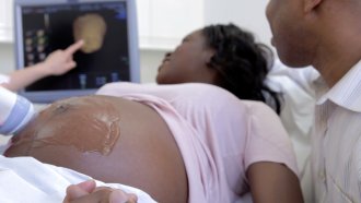 A Videoblocks image of a pregnant woman receiving a 4D ultrasound
