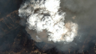 A satellite image provided by Maxar Technologies shows a pyrocumulus cloud from the Pine Gulch fire north of Grand Junction.