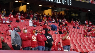 Fans at a football game between the Kansas City Chiefs and the Houston Texans