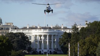 Marine One lifts off from the White House to carry President Donald Trump to Walter Reed National Military Medical Center.