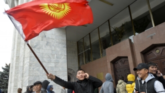 Protesters gather in front of the government headquarters on the central square in Bishkek, Kyrgyzstan.