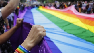 Revelers at the annual gay pride parade hold up a giant rainbow flag