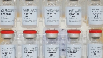 Vials of the Janssen COVID-19 vaccine.