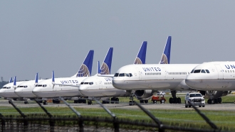 United Airlines planes are parked at George Bush Intercontinental Airport in Houston.