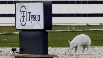 A sign sits in front of the Tyson Foods plant in Waterloo, Iowa