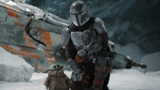 This image released by Disney+ shows Pedro Pascal in a scene from "The Mandalorian."