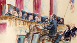 An artist sketch depicts Paul Clement standing while speaking to the Supreme Court