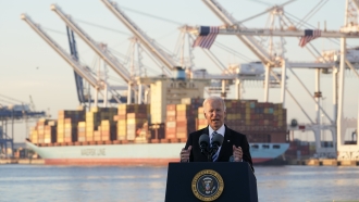 President Joe Biden speaks during a visit at the Port of Baltimore