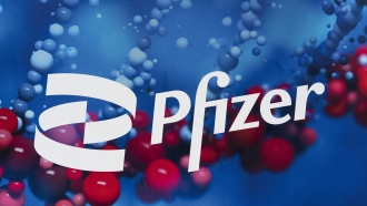 The Pfizer logo displayed at the company's headquarters in New York.