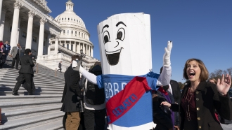A man dressed as the "Build Back Better Bill" wears a sash saying, "on to the Senate"