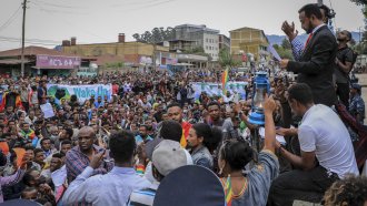 Ethiopians protest against the United States outside the U.S. embassy in the capital Addis Ababa