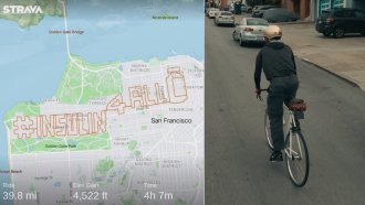 A man rides his bike through San Francisco
