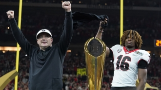 Georgia head coach Kirby Smart celebrates after the College Football Playoff championship football game against Alabama