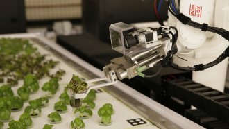 A robotic arm tends to plants