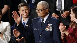 Tuskegee Airman Charles McGee and his great grandson Iain Lanphier in Washington on Feb. 4, 2020