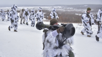 Ukraine soldiers take part in an exercise for the use of NLAW anti-aircraft missiles.