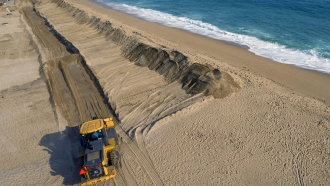 Workers build a sand berm to prevent flooding.