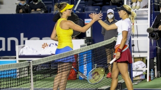 Tennis players Elina Svitolina of Ukraine and Anastasia Potapova of Russia