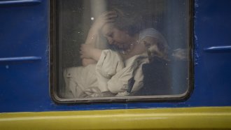 A passenger on a train in Kyiv, Ukraine