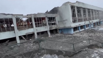 The remnants of a destroyed building in Kharkiv, Ukraine