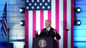 U.S. President Joe Biden delivers a speech at the Royal Castle in Warsaw, Poland.