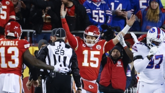 Kansas City Chiefs quarterback Patrick Mahomes celebrates after beating the Buffalo Bills