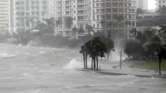 Waves crash over a seawall at the mouth of the Miami River in Florida.