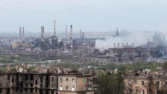 Smoke rises from the Metallurgical Combine Azovstal in Mariupol, Ukraine