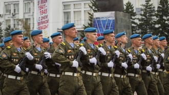 Russian servicemen march during the Victory Day military parade
