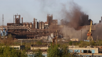 Smoke rises from the Metallurgical Combine Azovstal in Mariupol during shelling