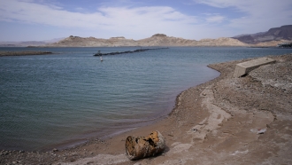 Rusting debris that used to be underwater sits above the water level on Lake Mead