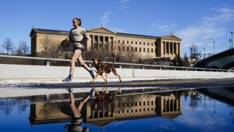 A person runs with a dog