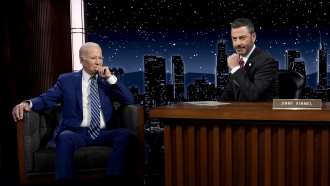 President Joe Biden speaks with host Jimmy Kimmel.
