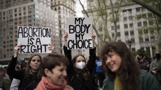 Demonstrators rally in support of abortion rights at a park in lower Manhattan