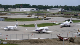 Planes sit on the tarmac at the Des Moines International Airport