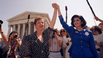 Norma McCorvey, Jane Roe in the 1973 court case, left, and her attorney Gloria Allred outside SCOTUS in 1989.