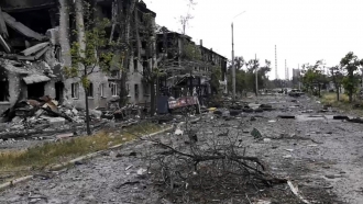 Damaged residential buildings are seen in Lysychansk, Luhansk region, Ukraine.