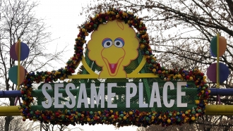 Big Bird is shown on a sign near an entrance to Sesame Place.