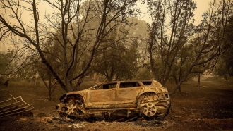 Scorched vehicle from a wildfire