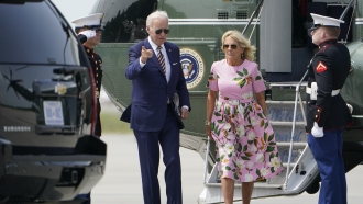 President Joe Biden and first lady Jill Biden exit Marine One at Charleston Executive Airport