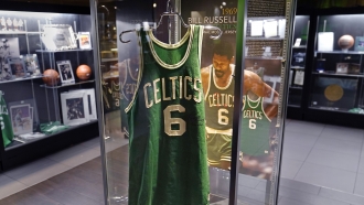 The 1969 game-worn jersey of Boston Celtics legend Bill Russell on display