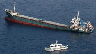 Belize-registered cargo ship Xin Hai 99, after a collision, off Kushimoto, Wakayama prefecture, southwestern Japan.