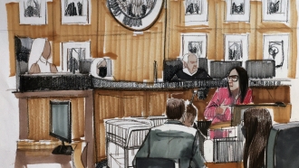 Courtroom sketch of a woman who goes by pseudonym “Jane”, left, testifies in R. Kelly's trial