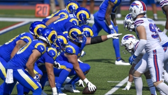 The Los Angeles Rams offense lines up against the Buffalo Bills defense.