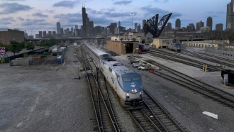 An Amtrak passenger train departing Chicago.