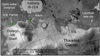 Satelite images of Thwaites Glacier in Antarctica.