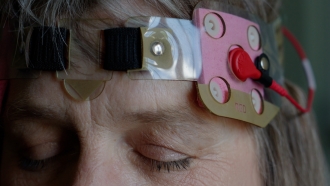Susan Meiklejohn wears a device for transcranial direct current stimulation