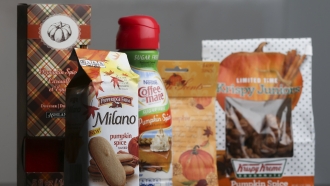pumpkin spice products ranging from cookies and donuts to candy and air freshener are shown in Atlanta.